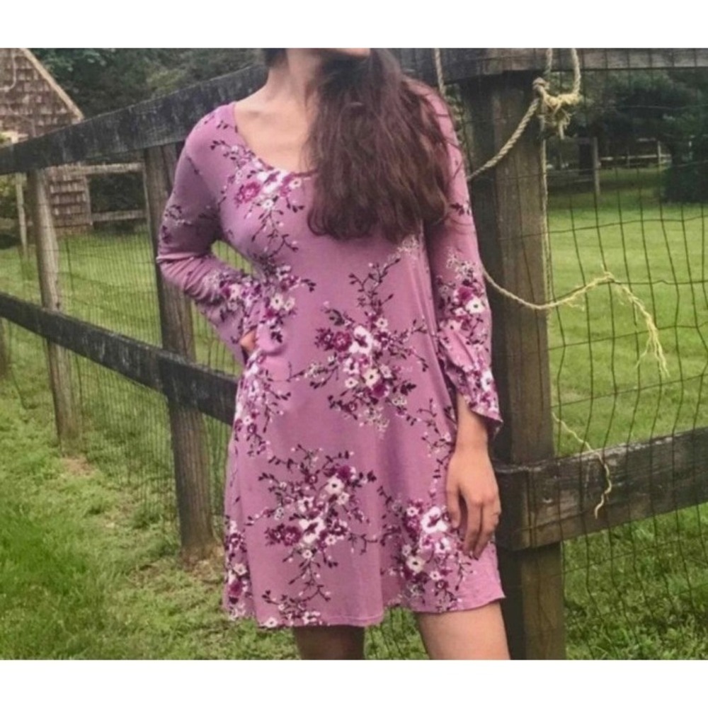 Pink Rose Floral Long Sleeve Shift Dress Size Large